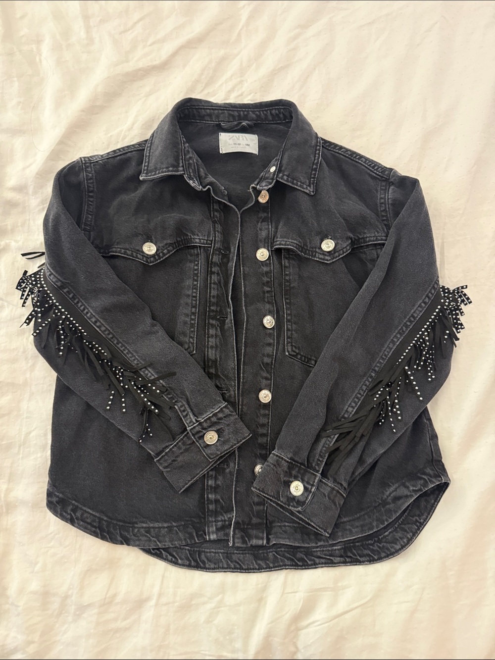 Zara Girls - Black Denim Fringe Jacket with Stud Detail - Size 11/12
